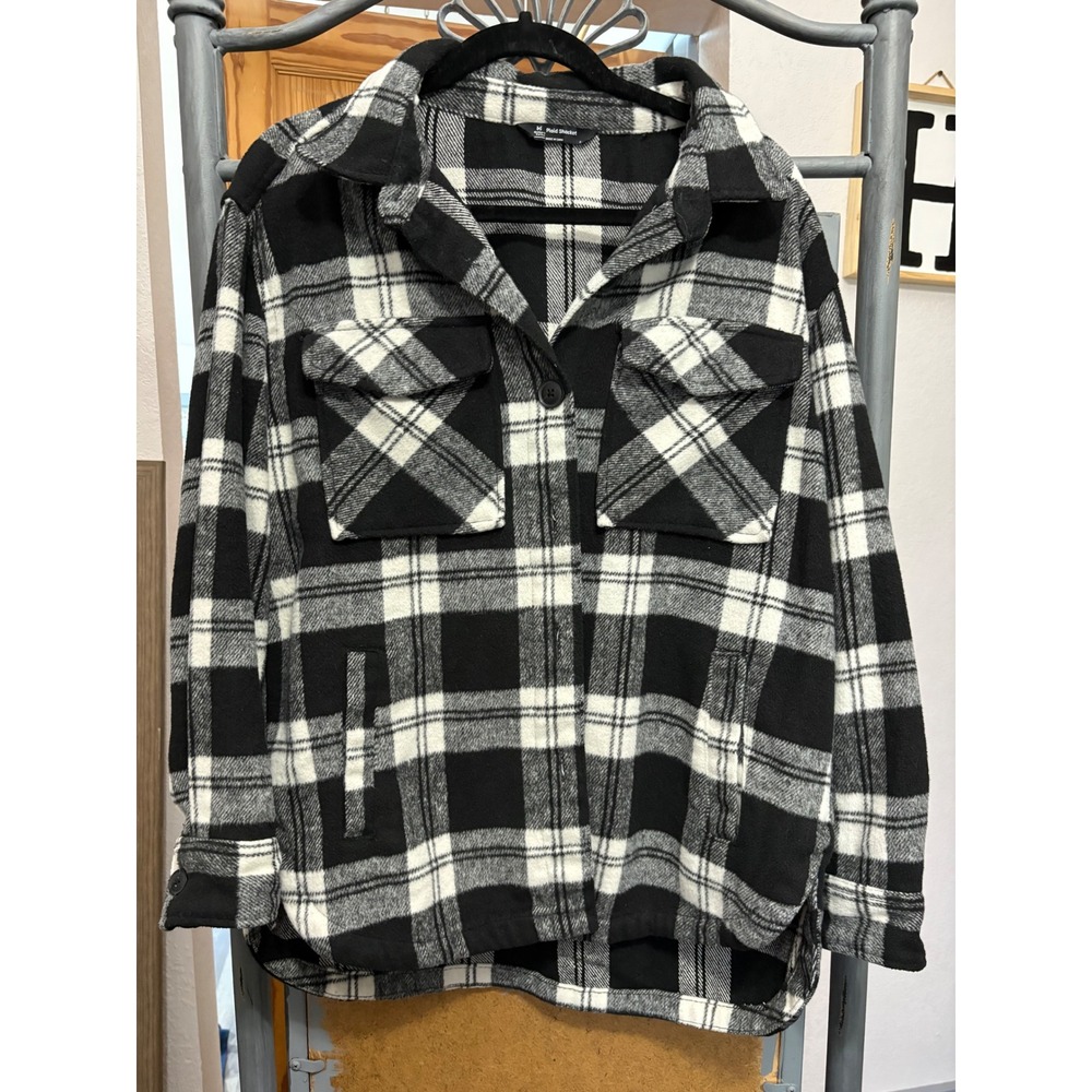Plaid Shacket Black White Buffalo Check Button Front Flap Pocket Jacket Small